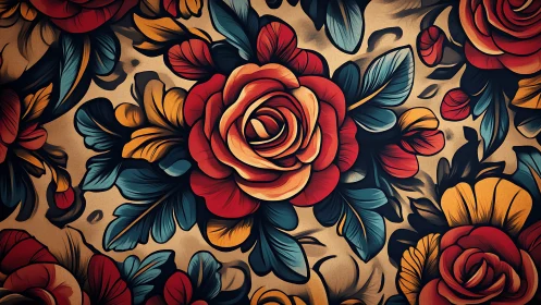 Bold vintage roses swirling in rich teal and gold bloom.