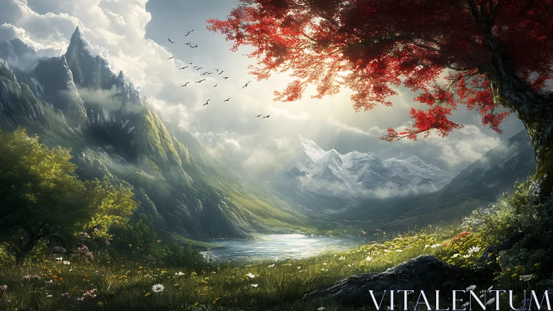 Sunlit alpine valley framed by crimson tree in digital painting