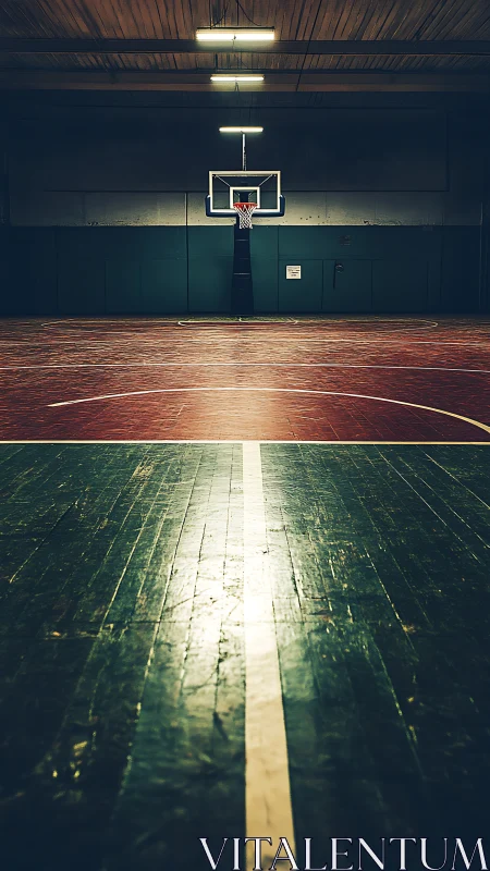 Cinematic low-angle view of empty indoor basketball court floor.