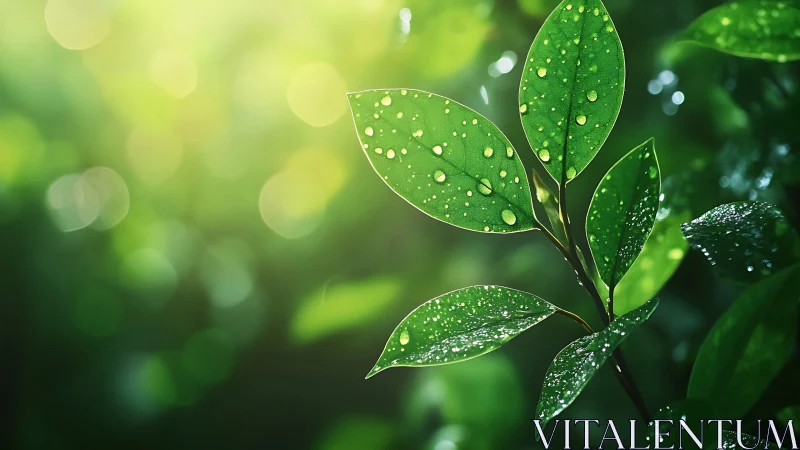 Macro botanical study of dewy foliage with bokeh field.