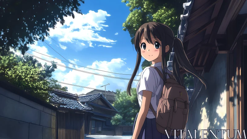 Anime street scene with schoolgirl under summer sky lighting.