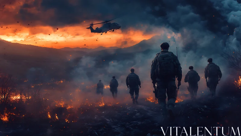 Soldiers stride through ember-lit battlefield under burning dusk.