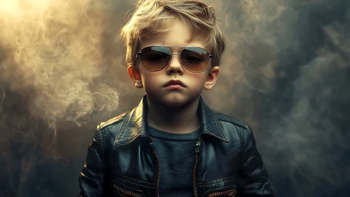 Cool young boy in sunglasses and leather jacket portrait