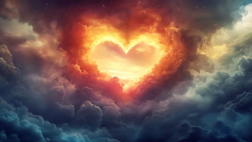 Heavenly Heart of Light Shining Through Golden Clouds