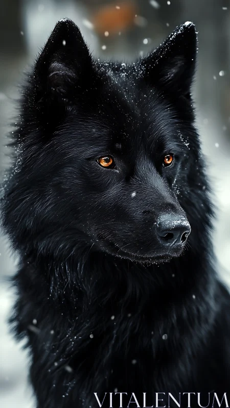 Midnight-coated winter guardian with ember-bright eyes.