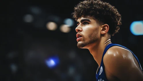 Focused basketball player under arena lights during game.