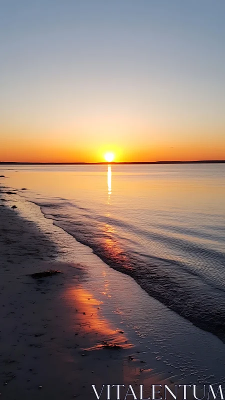 Sun aligns with horizon over calm sea and reflective shoreline