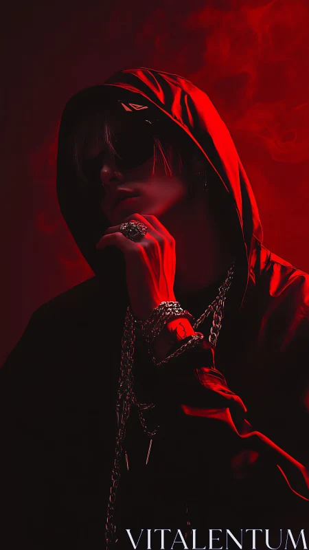 Hooded streetwear figure broods in dramatic red neon haze