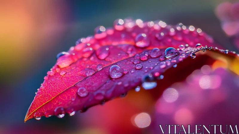 Macro analysis of dew-laden magenta leaf with bokeh highlights.