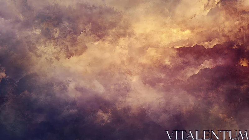 Abstract cloudscape painting with warm golden and purple hues.