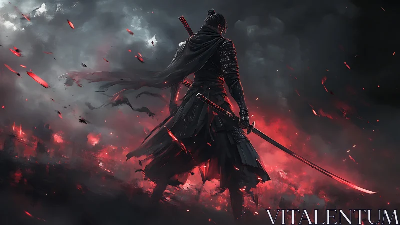 Backlit armored swordsman in red-lit ash storm, dynamic silhouette