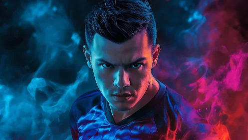 Bicolor neon athlete portrait with cinematic volumetric smoke.