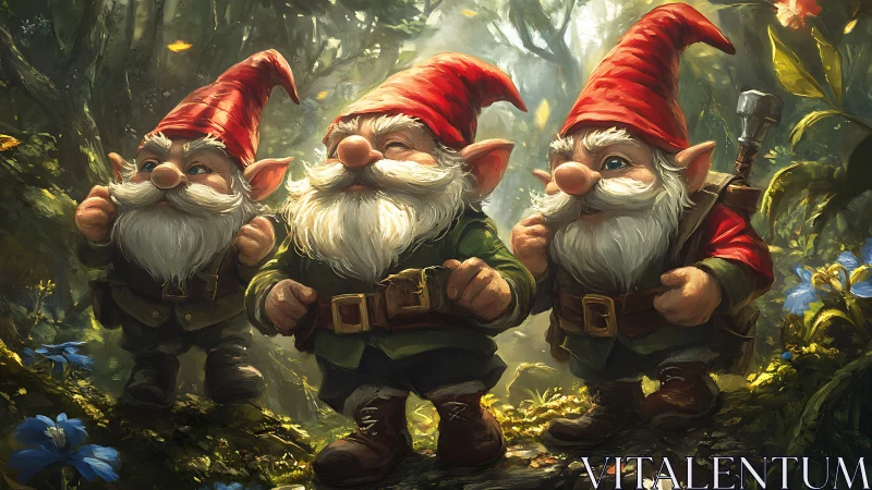 Forest gnome trio with red hats in glowing woodland scene.