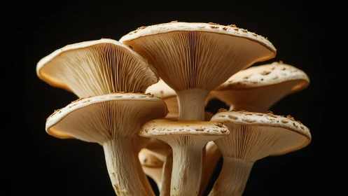 Clustered cream mushrooms display detailed gill structures