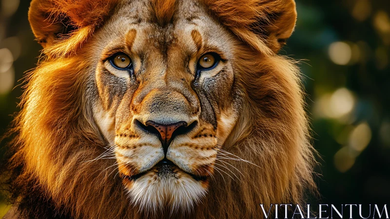 Majestic lion portrait under warm golden light.