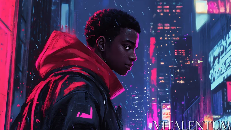Neon city night frames a thoughtful young walker in red