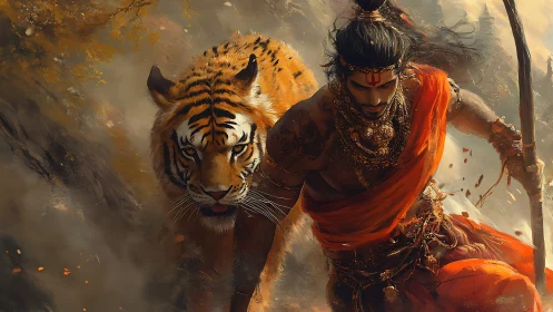 Warrior-priest strides with ember-eyed tiger guardian through haze.