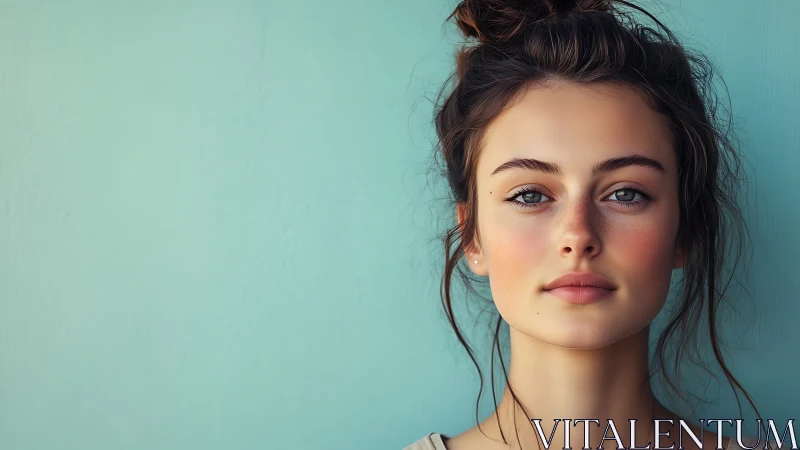 Soft daylight portrait of young woman against teal wall