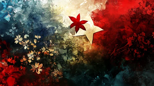 Abstract floral star glows amid vivid red and blue haze