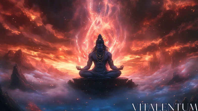 Divine yogic figure in celestial firestorm, digital painting.