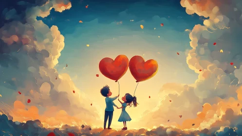 Two Children Holding Heart Balloons Against Golden Sky.
