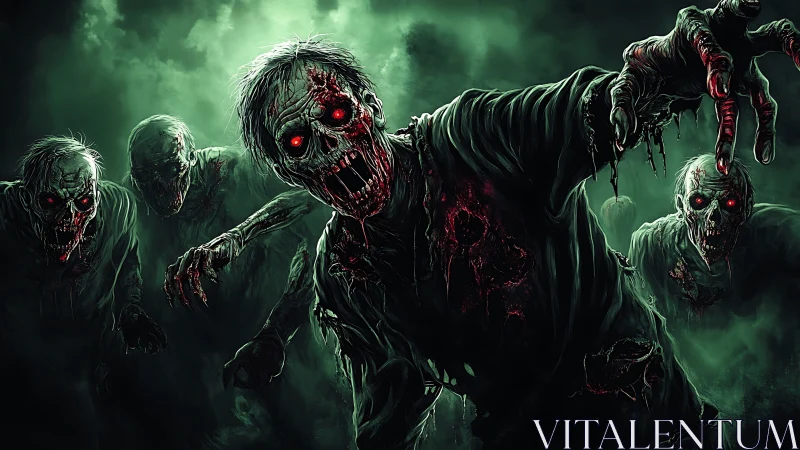 Undead horde advances with glowing red eyes through fog.