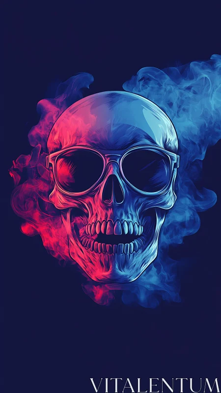 Neon skull with sunglasses in split red blue smoke glow.