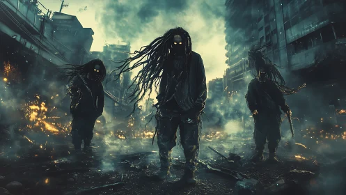 Hooded figures with glowing eyes prowl burning urban ruins