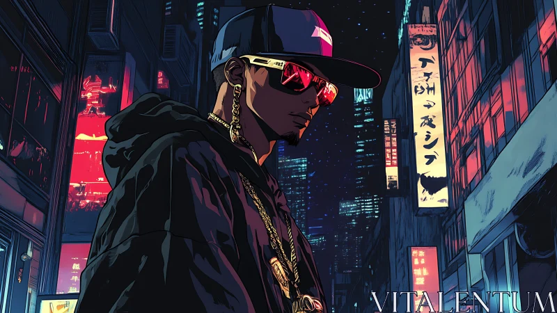 Neon‑struck street king prowls a midnight cyber cityscape.
