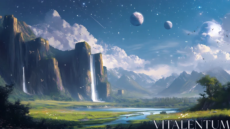 Fantasy valley landscape shows waterfalls and distant planets