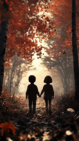 Two Silhouetted Children Hand-in-Hand Under Autumnal Canopy Path.