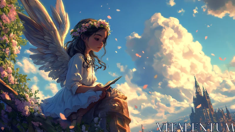 Angel child studies in sunlight above a distant fairytale city.