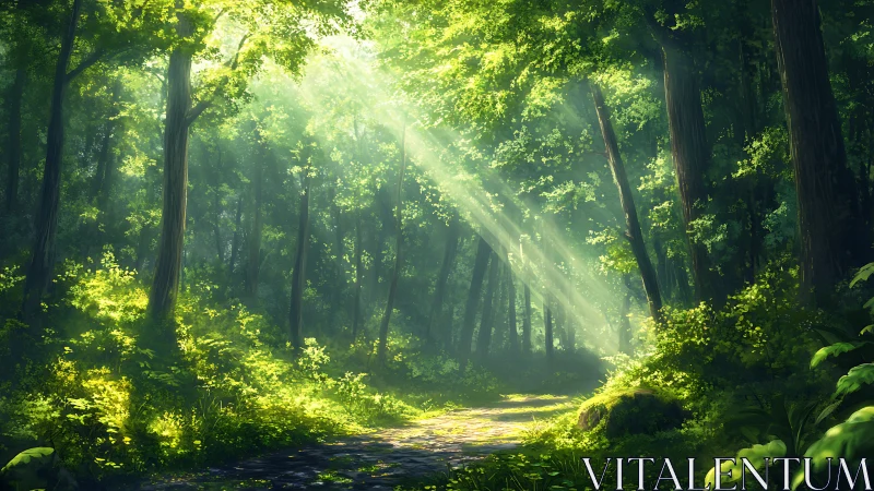 Sunlit forest path with lush greenery in a serene, digital art style.