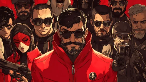 Crimson covert squad in sunglasses and swaggering defiance.