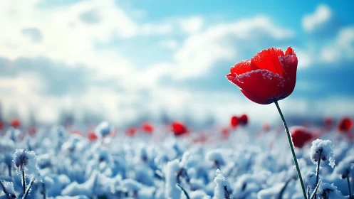 Macro red poppy in snow covered field under bright winter sky