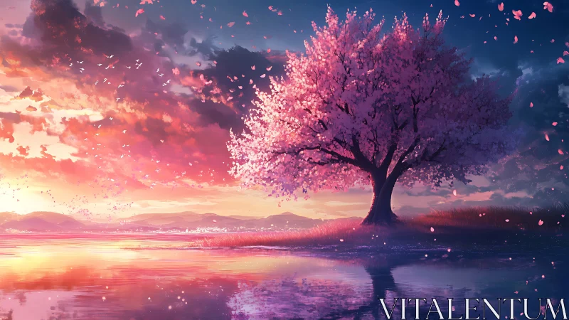 Blossoming cherry tree glows over a tranquil sunset lake.