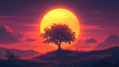 Golden moonrise behind a quiet hilltop tree at dusk.