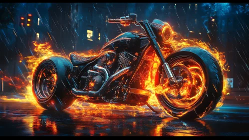 Hellfire street chopper blazes through neon rainstorm night.