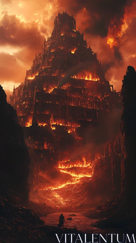 Hellfire citadel tower rises through molten chasm sky.