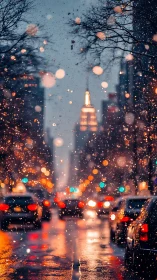 Defocused winter city street with bokeh traffic and illuminated tower
