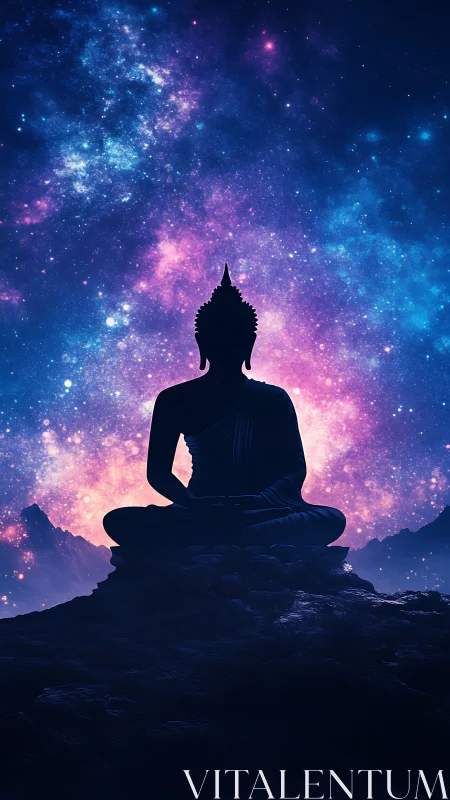 Silhouetted Buddha meditation against luminous cosmic nebula backdrop.