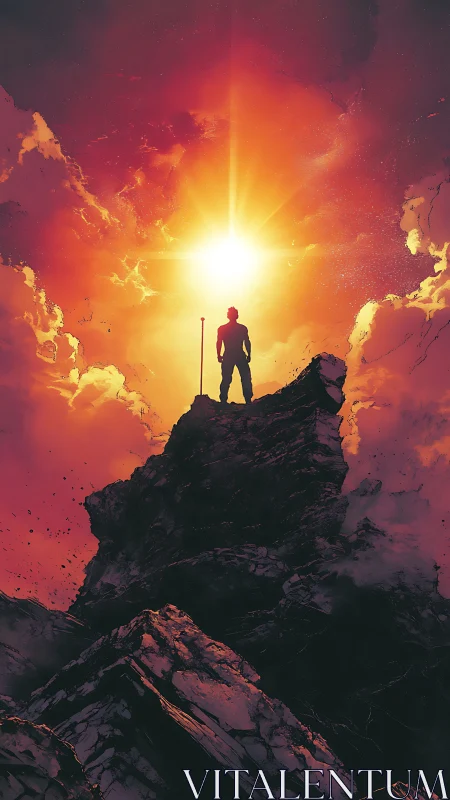 Silhouetted climber greets a blazing celestial sunrise on peak