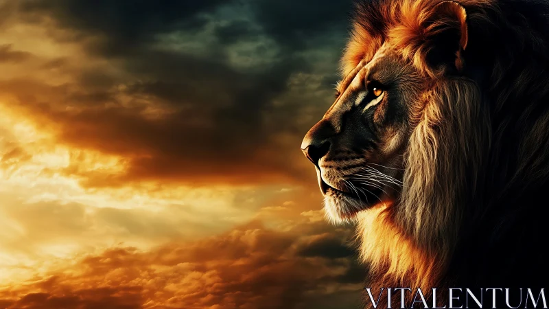 Majestic lion profile against glowing stormy sunset sky.