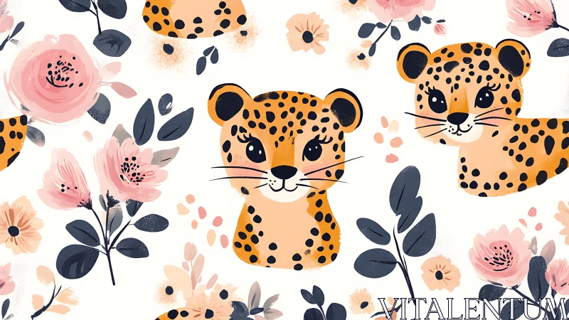 Spotted Dreamers: Whimsical Leopards Frolic Among Petal Swirls.