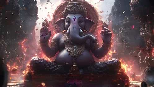 Majestic Ganesha statue sits amid blazing temple ruins