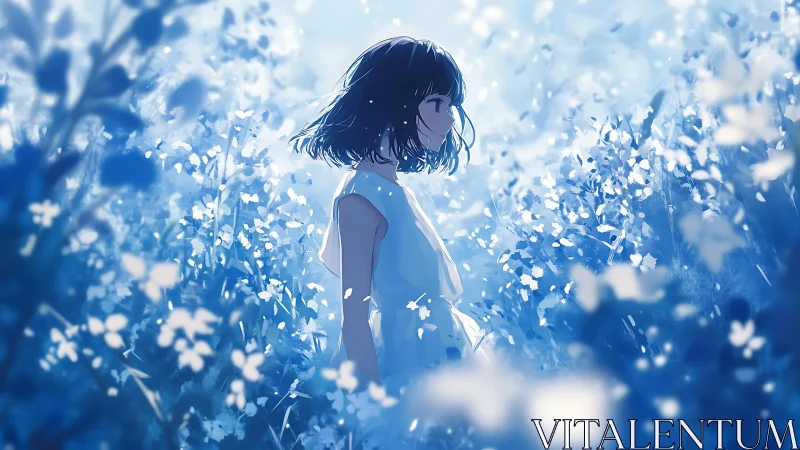 Girl in blue flower field under soft glowing daylight.
