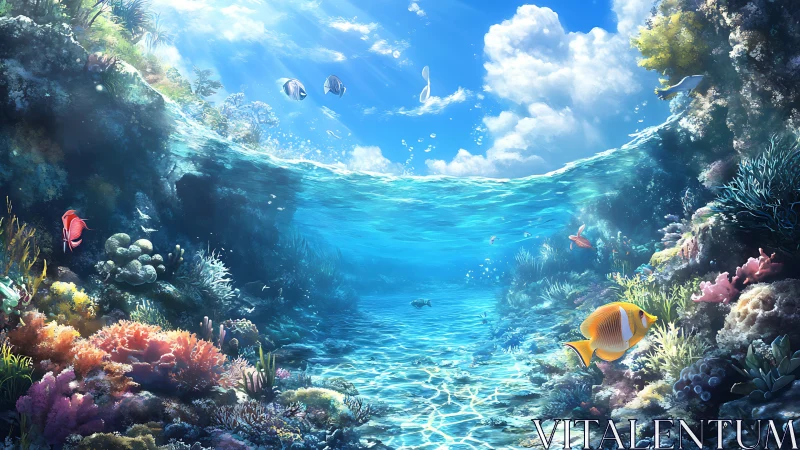 Sunlit coral corridor where reef fish glide through turquoise hush.