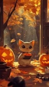 Cute cat enjoying autumn treats by the window with Halloween pumpkins.