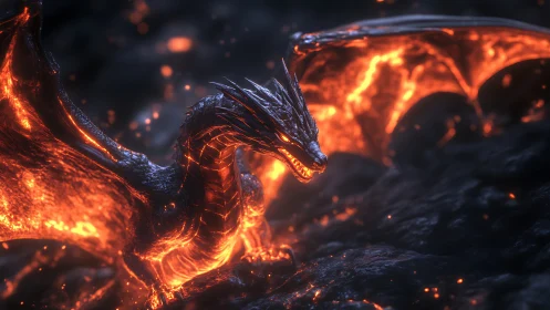 Molten lava dragon over blackened volcanic ground. Period.
