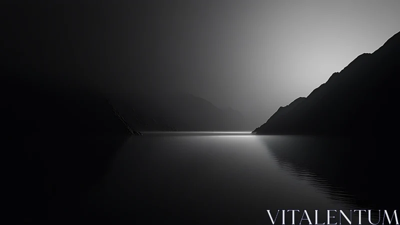 Monochrome mountain lake with distant light reflection.